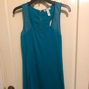 Teal, mini dress with faux leather detail